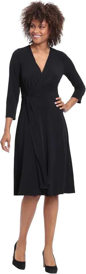 London Times Women's Twist Bodice V-Neck Fit and Flare Dress