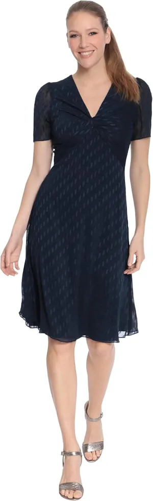 London Times Women's Twist Bodice V-Neck Fit and Flare Dress