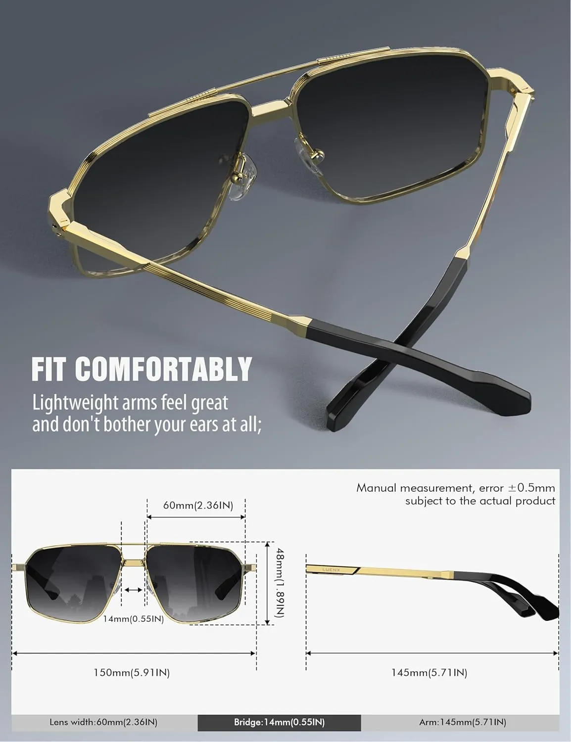 LUENX Aviator Sunglasses for Men Square Polarized Polygon Sun Glasses UV400 Protection