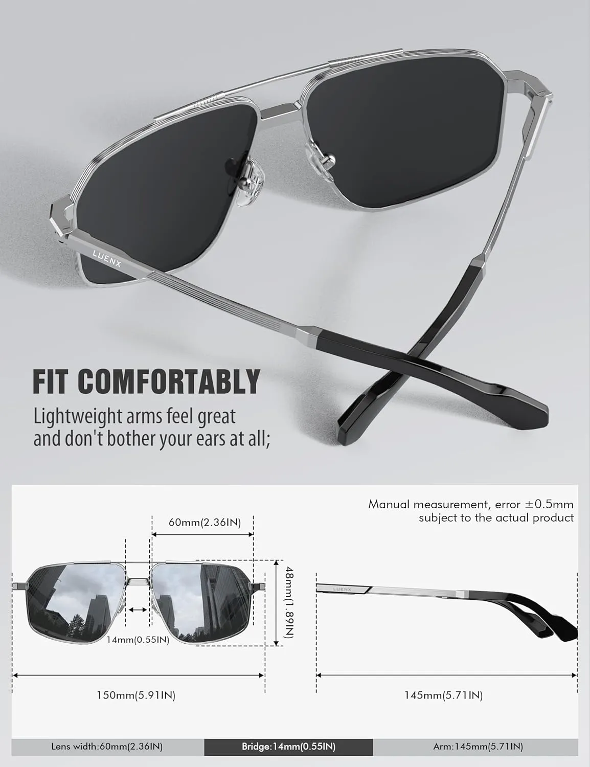 LUENX Aviator Sunglasses for Men Square Polarized Polygon Sun Glasses UV400 Protection