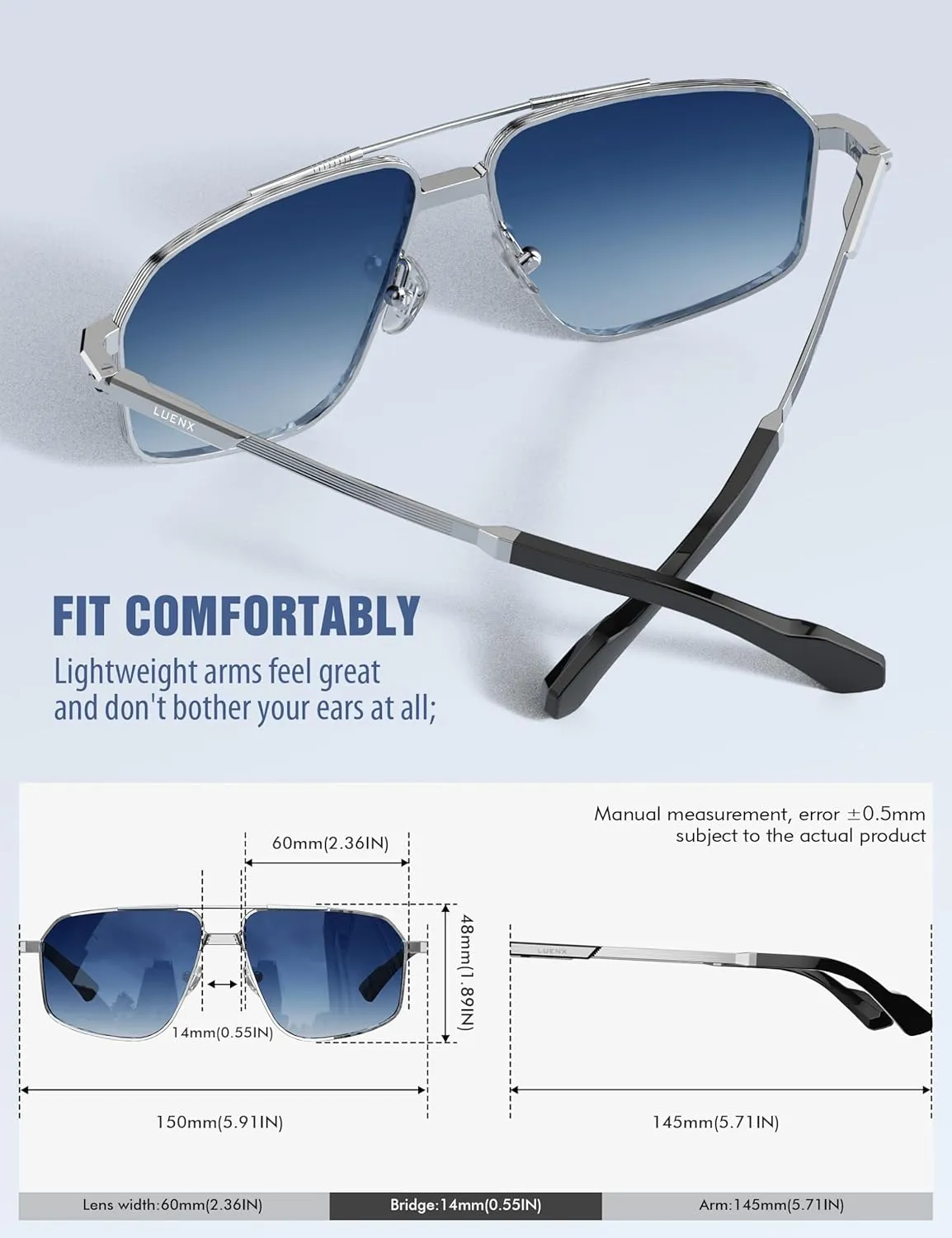 LUENX Aviator Sunglasses for Men Square Polarized Polygon Sun Glasses UV400 Protection