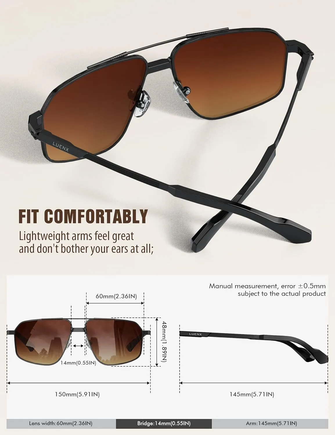 LUENX Aviator Sunglasses for Men Square Polarized Polygon Sun Glasses UV400 Protection