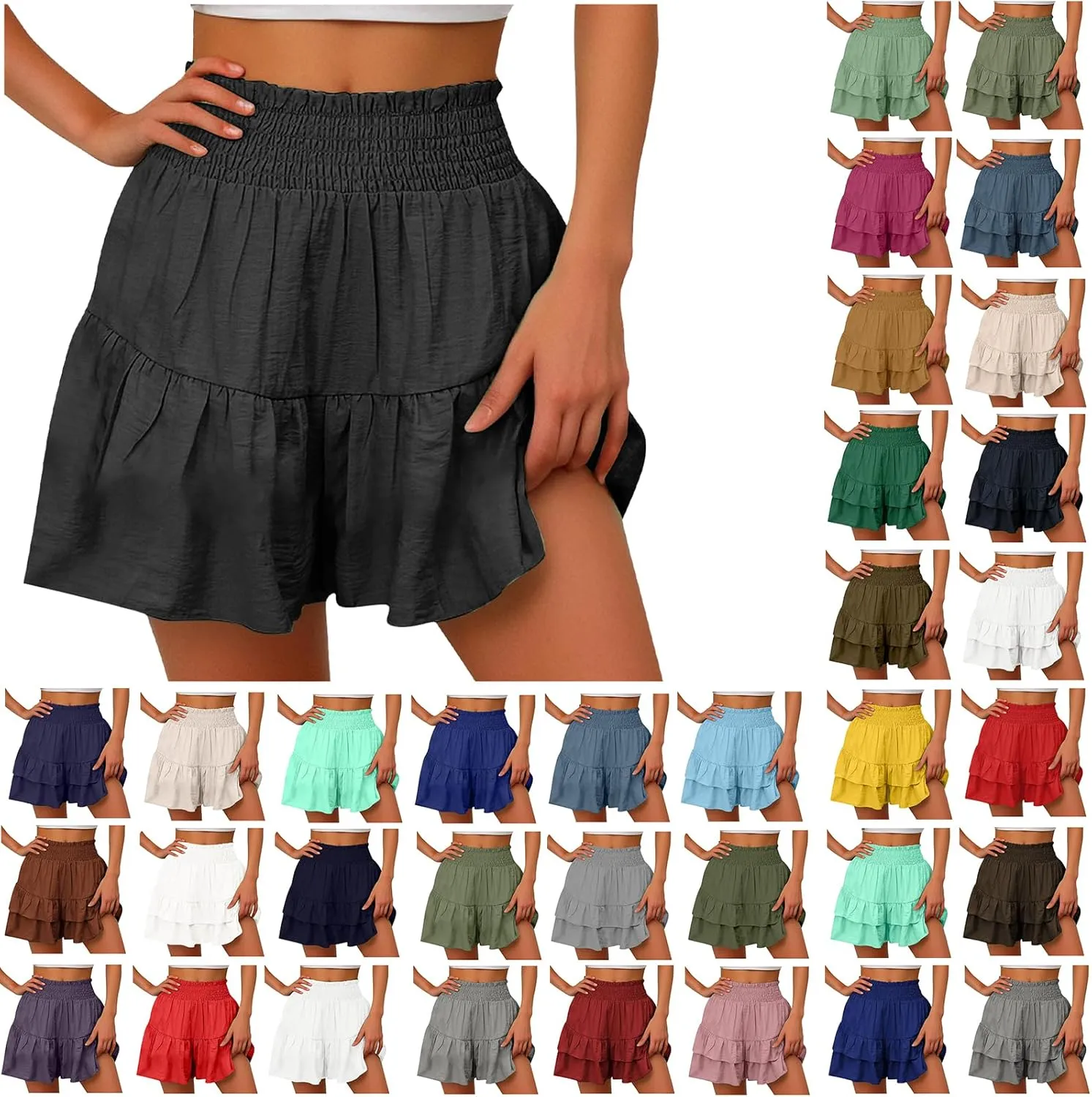maisdgop Shorts for Women 2024 Summer Pleated Hem Beach Shorts Trendy Ruffle Yoga Shorts Comfy High Waisted Bermuda Shorts
