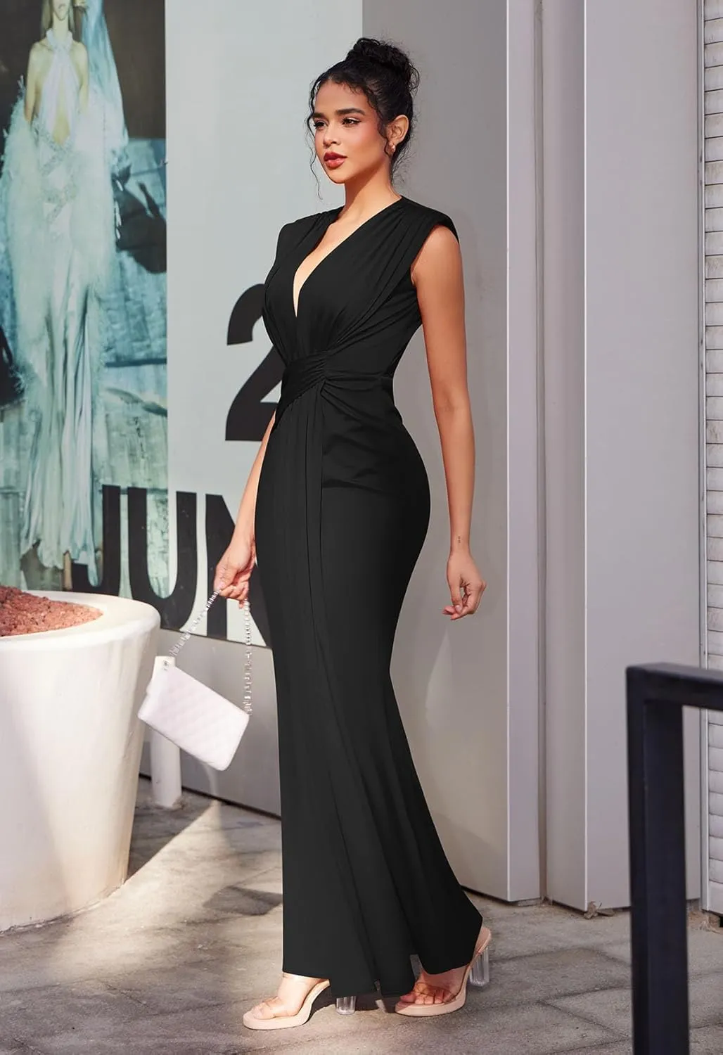 Memoriesea Women's Elegant Sleeveless Deep V Neck Bodycon Party Evening Gown Maxi Dress