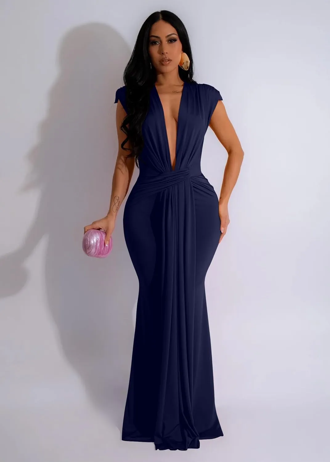 Memoriesea Women's Elegant Sleeveless Deep V Neck Bodycon Party Evening Gown Maxi Dress