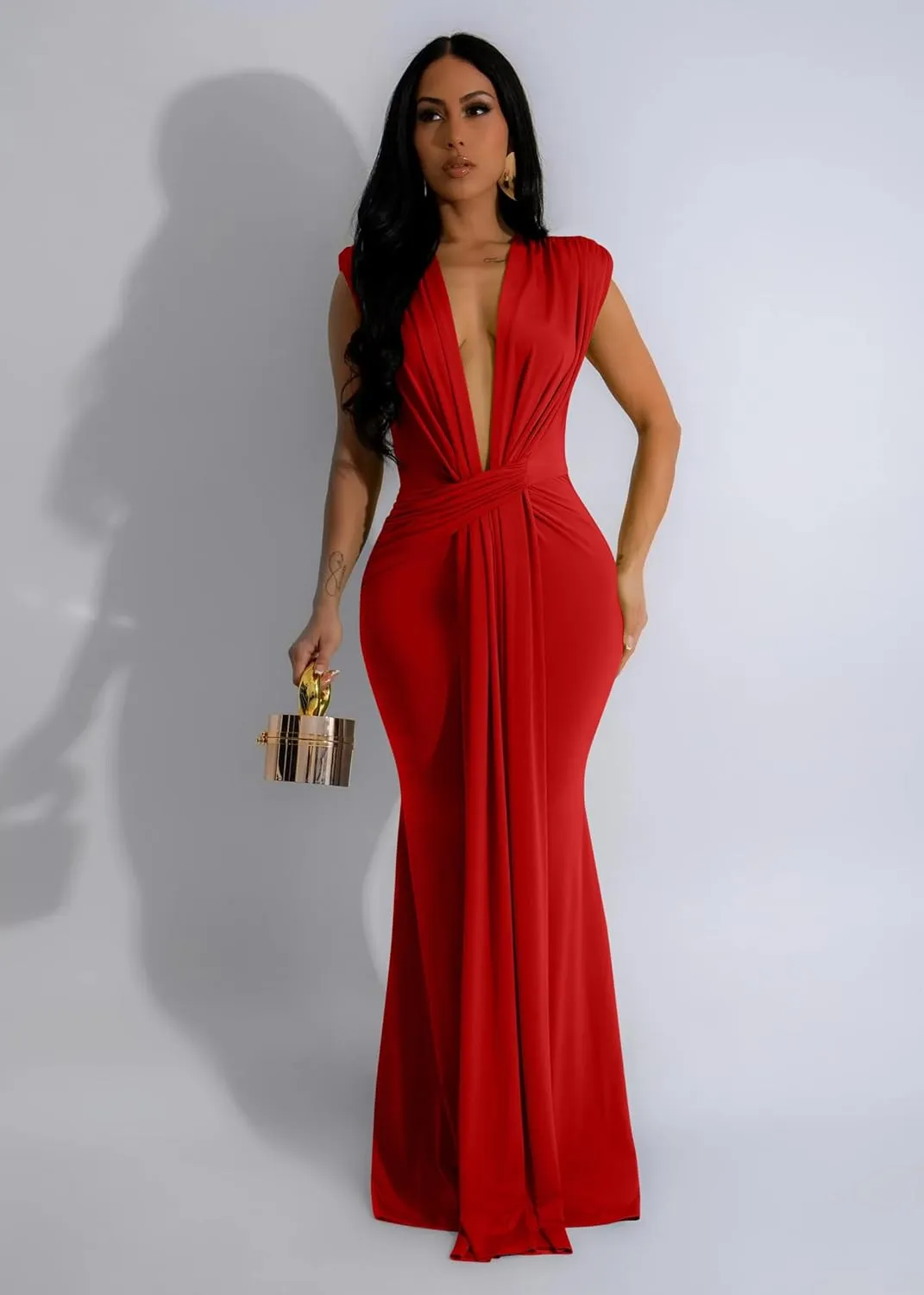 Memoriesea Women's Elegant Sleeveless Deep V Neck Bodycon Party Evening Gown Maxi Dress