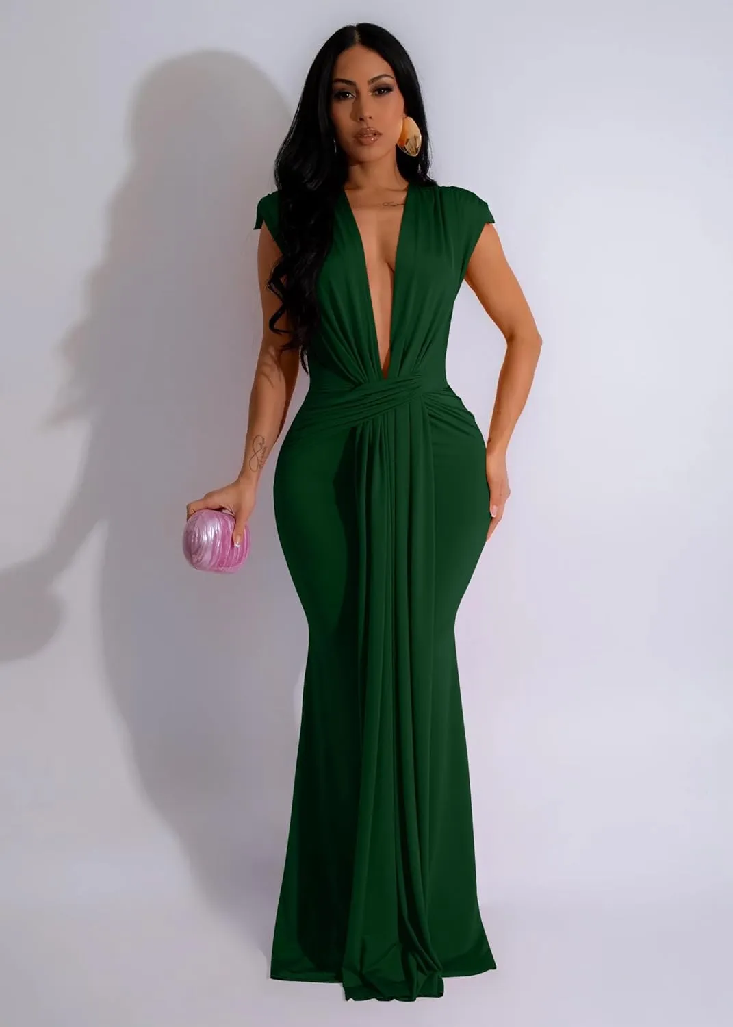 Memoriesea Women's Elegant Sleeveless Deep V Neck Bodycon Party Evening Gown Maxi Dress