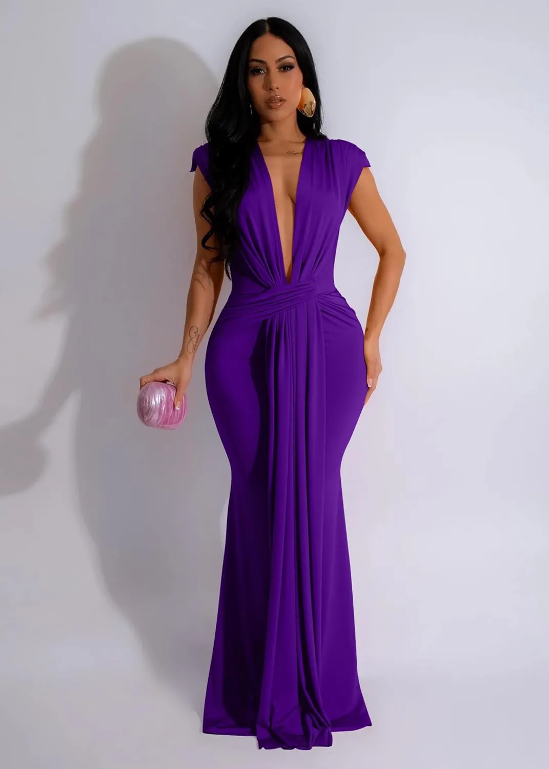 Memoriesea Women's Elegant Sleeveless Deep V Neck Bodycon Party Evening Gown Maxi Dress