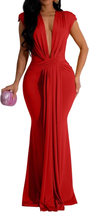 Memoriesea Women's Elegant Sleeveless Deep V Neck Bodycon Party Evening Gown Maxi Dress
