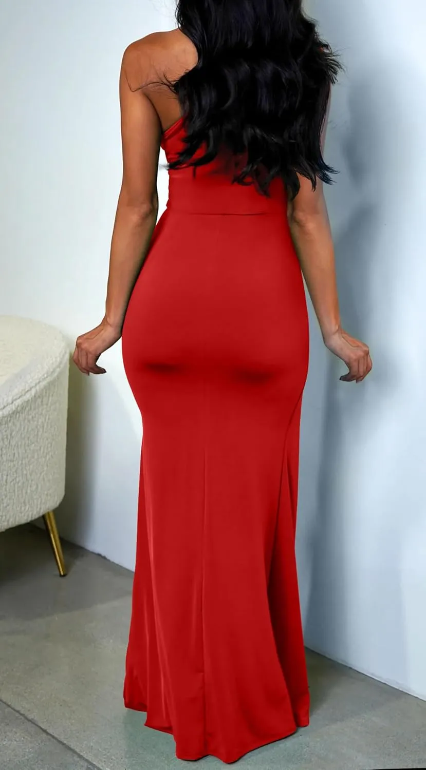 Memoriesea Women's Elegant Sleeveless One Shoulder Bodycon Evening Cocktail Maxi Dress