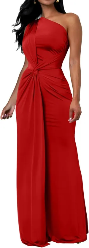 Memoriesea Women's Elegant Sleeveless One Shoulder Bodycon Evening Cocktail Maxi Dress