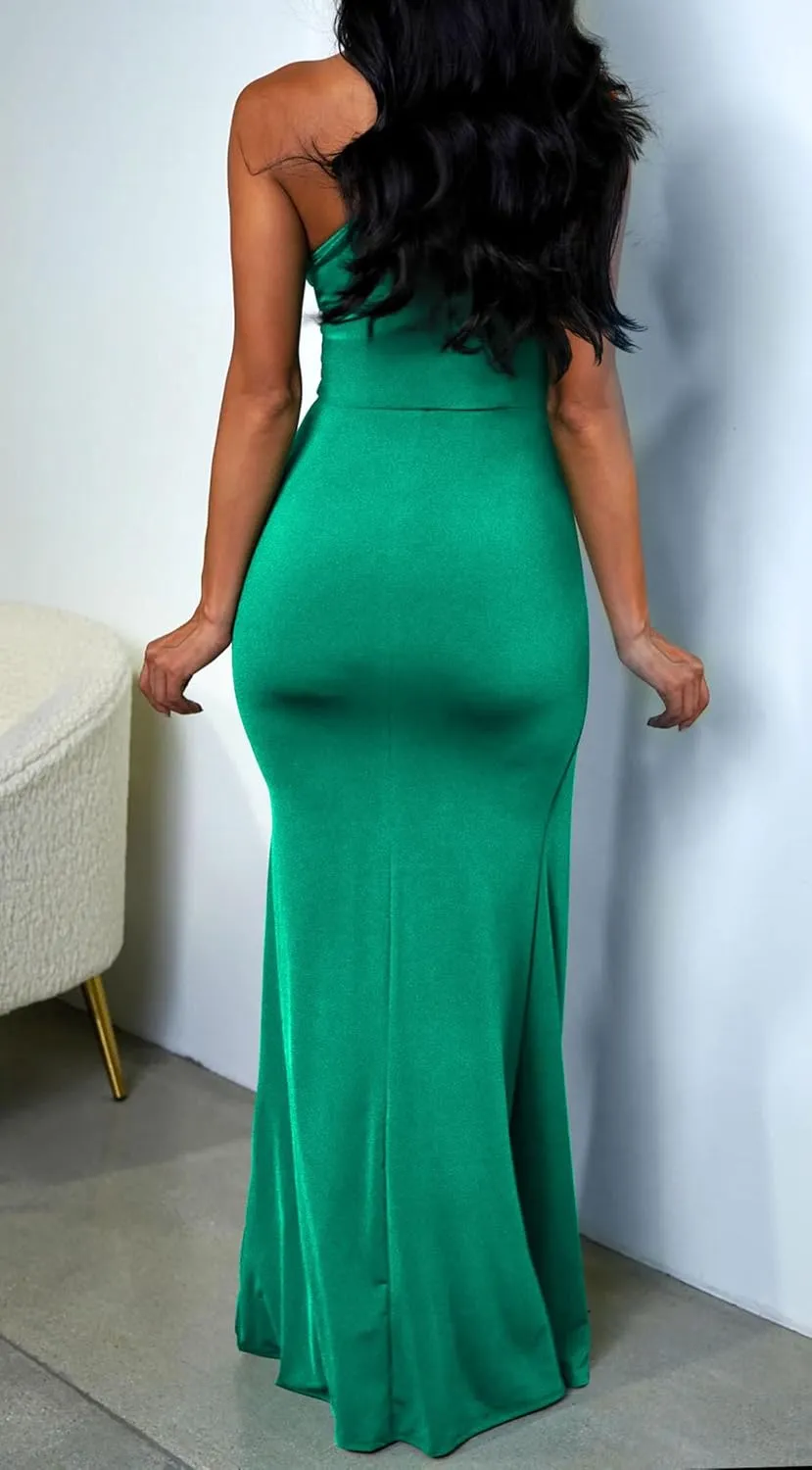 Memoriesea Women's Elegant Sleeveless One Shoulder Bodycon Evening Cocktail Maxi Dress