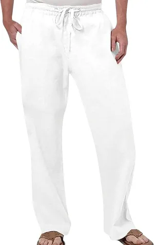 Mens Activewear Pants Mens Linen Beach Pants Summer Casual Solid Color Pants Elastic Waist Drawstring Loose Trousers with Pockets Black Chino