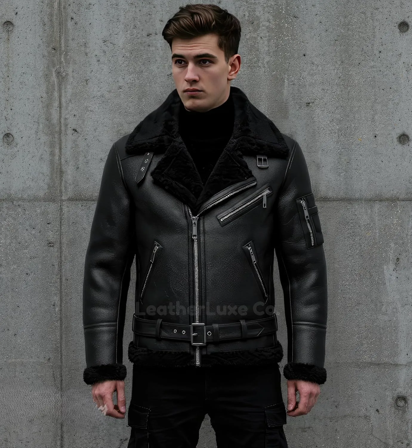 Men’s B3 Black Genuine Sheepskin Leather Jacket – Faux Fur Lined & Zip-Up Aviator Pilot B3 Bomber Jacket Men