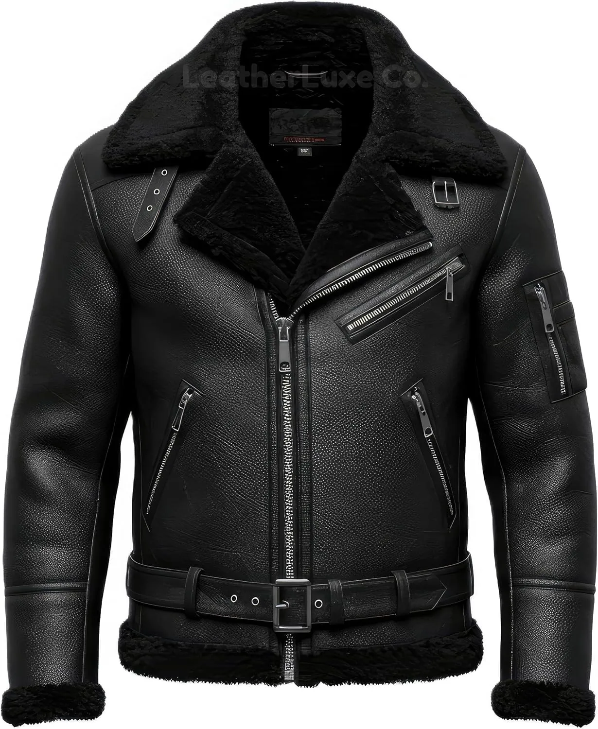 Men’s B3 Black Genuine Sheepskin Leather Jacket – Faux Fur Lined & Zip-Up Aviator Pilot B3 Bomber Jacket Men