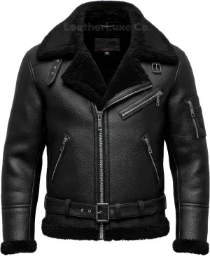 Men’s B3 Black Genuine Sheepskin Leather Jacket – Faux Fur Lined & Zip-Up Aviator Pilot B3 Bomber Jacket Men