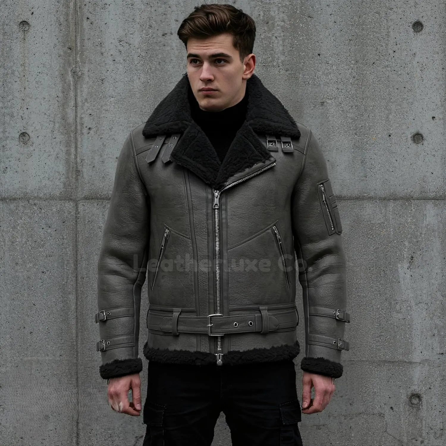 Men’s B3 Grey Sherpa Shearling Sheepskin Leather Jacket – Faux Fur Lined & Collar Zip-Up Aviator Pilot B3 Bomber Jacket Men