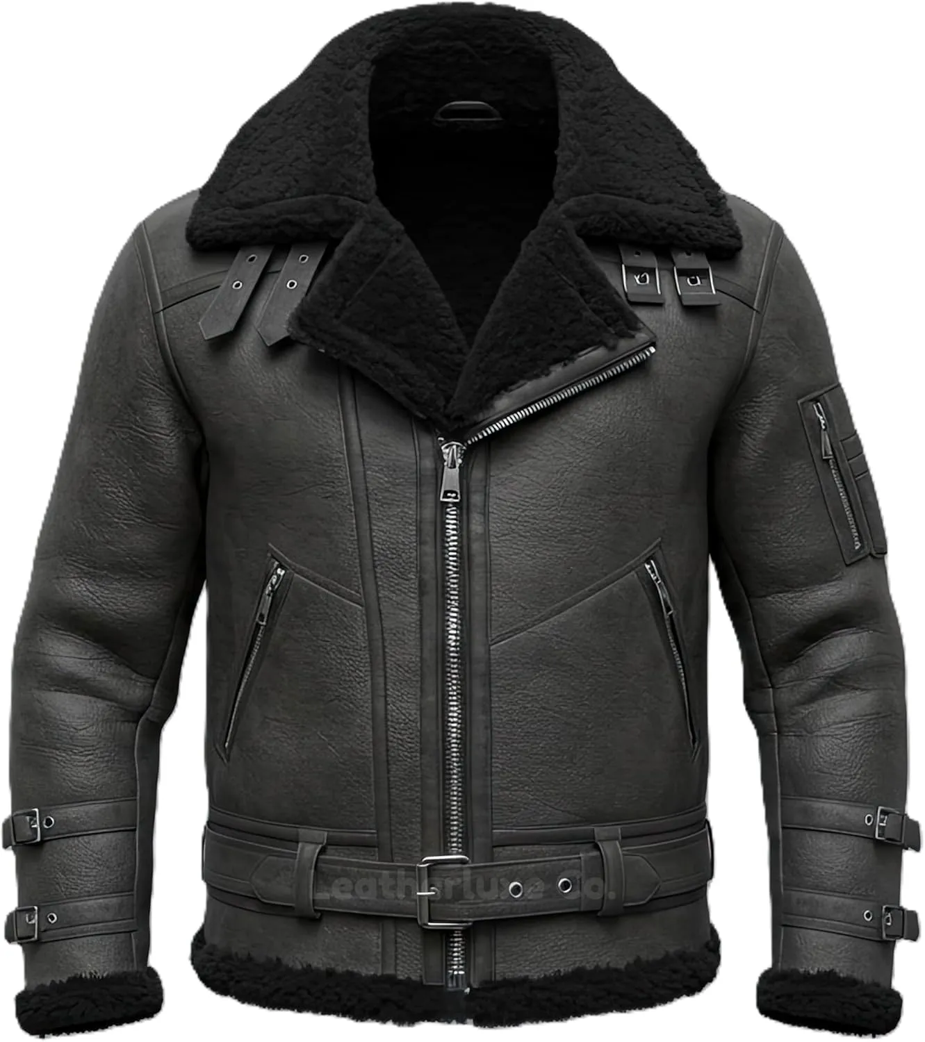 Men’s B3 Grey Sherpa Shearling Sheepskin Leather Jacket – Faux Fur Lined & Collar Zip-Up Aviator Pilot B3 Bomber Jacket Men