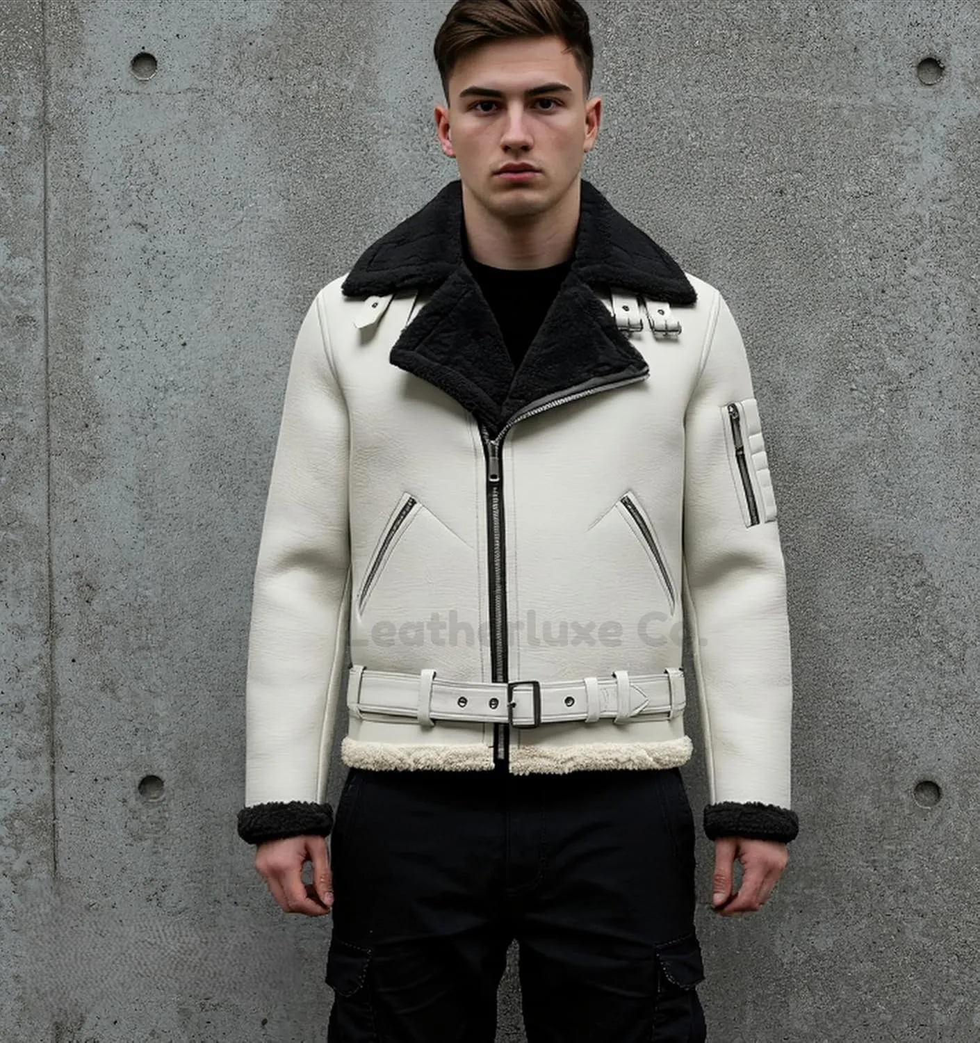 Men’s B3 Grey Sherpa Shearling Sheepskin Leather Jacket – Faux Fur Lined & Collar Zip-Up Aviator Pilot B3 Bomber Jacket Men