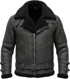 Men’s B3 Grey Sherpa Shearling Sheepskin Leather Jacket – Faux Fur Lined & Collar Zip-Up Aviator Pilot B3 Bomber Jacket Men