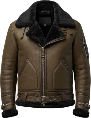 Men’s B3 Grey Sherpa Shearling Sheepskin Leather Jacket – Faux Fur Lined & Collar Zip-Up Aviator Pilot B3 Bomber Jacket Men