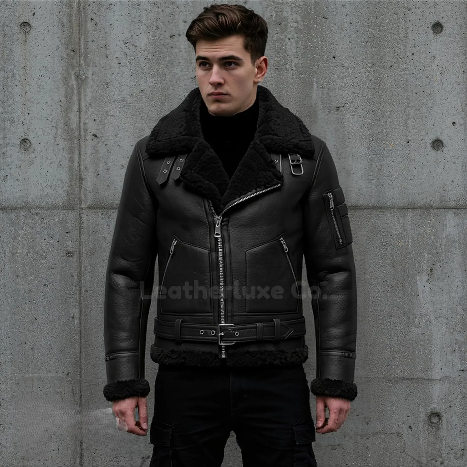 Men’s B3 Grey Sherpa Shearling Sheepskin Leather Jacket – Faux Fur Lined & Collar Zip-Up Aviator Pilot B3 Bomber Jacket Men