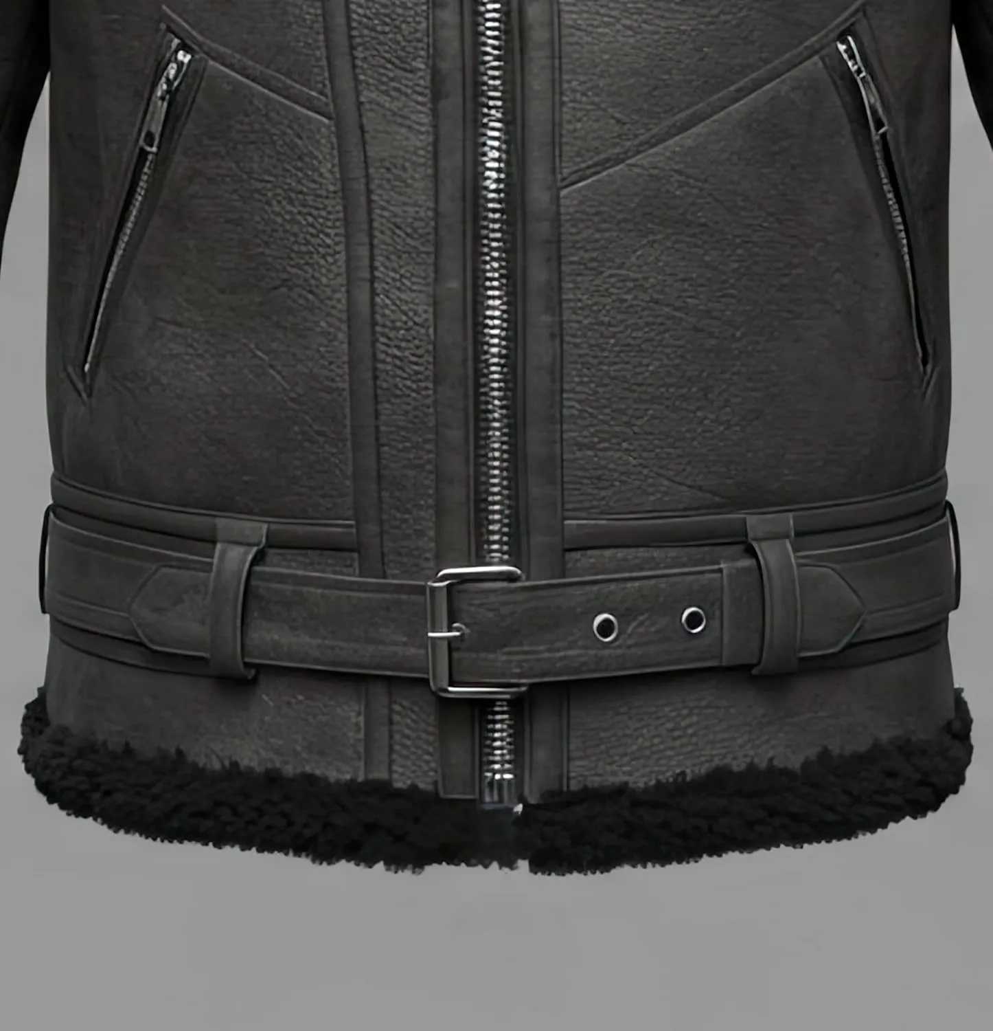 Men’s B3 Grey Sherpa Shearling Sheepskin Leather Jacket – Faux Fur Lined & Collar Zip-Up Aviator Pilot B3 Bomber Jacket Men