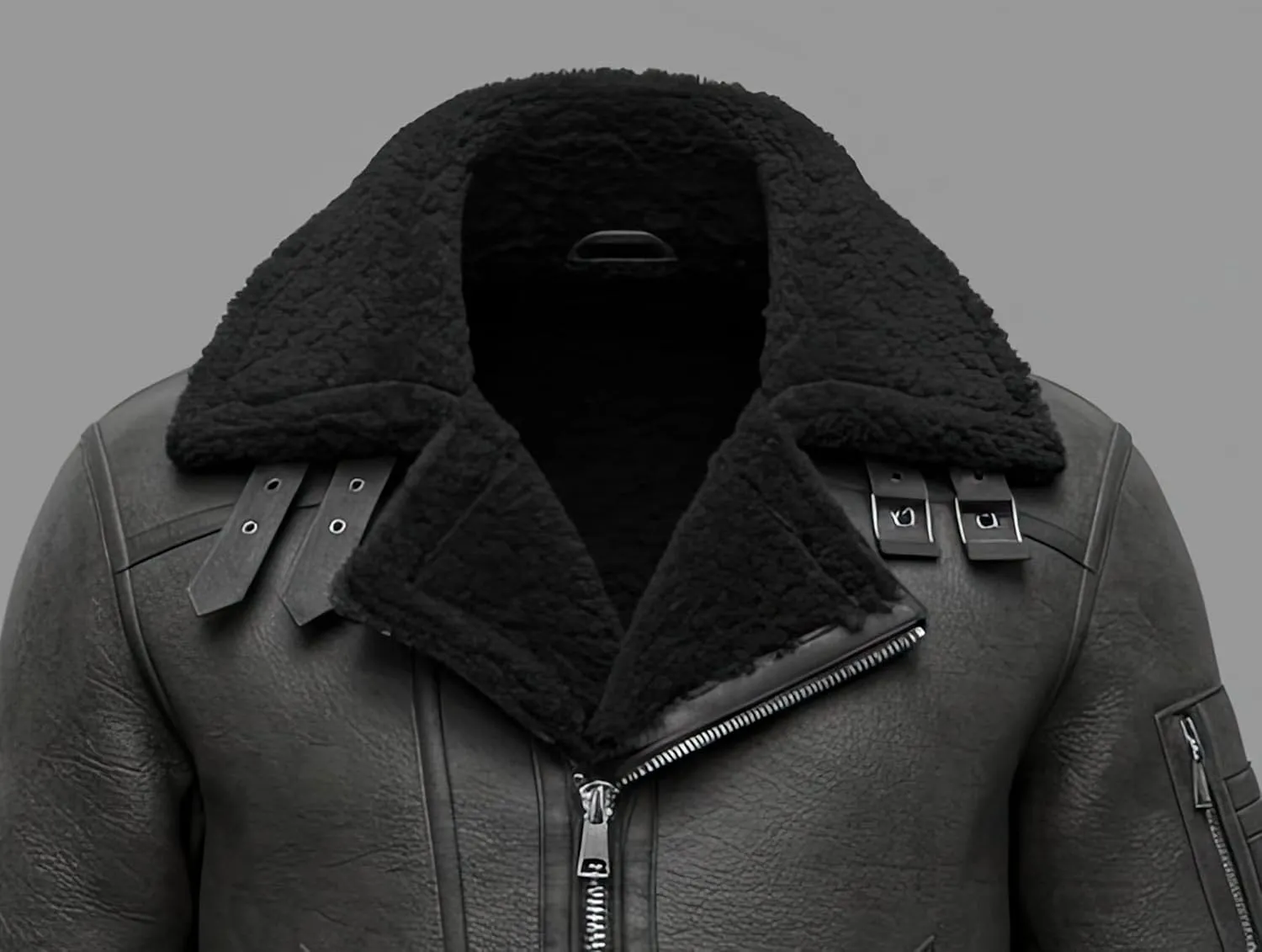 Men’s B3 Grey Sherpa Shearling Sheepskin Leather Jacket – Faux Fur Lined & Collar Zip-Up Aviator Pilot B3 Bomber Jacket Men