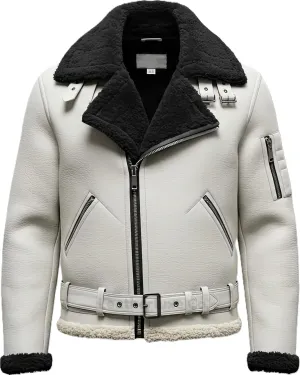 Men’s B3 Grey Sherpa Shearling Sheepskin Leather Jacket – Faux Fur Lined & Collar Zip-Up Aviator Pilot B3 Bomber Jacket Men