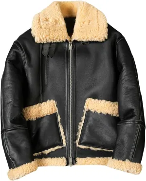 Men’s Black Sherpa Shearling B3 Bomber Aviator Fleece Lined Leather Jacket Men Stylish Genuine Sheepskin with Faux Fur Collar