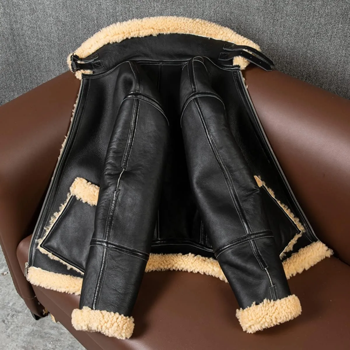 Men’s Black Sherpa Shearling B3 Bomber Aviator Fleece Lined Leather Jacket Men Stylish Genuine Sheepskin with Faux Fur Collar