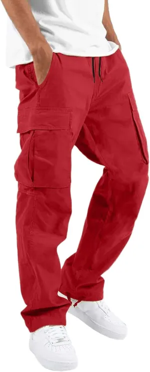 Mens Cargo Pants Casual Joggers Hiking Pants Cotton Loose Straight Sweatpants Multi Pockets Classic Fit Trousers