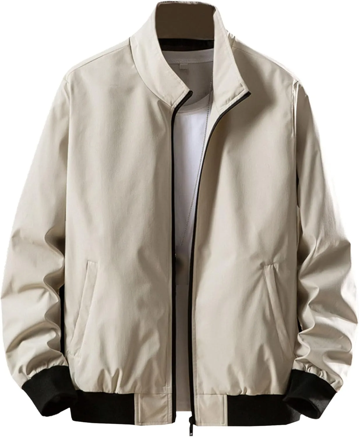Men's Casual Loose Shacket Jacket Full Zip Stand Collar Business Bomber Jacket Windproof Padded Coats with Pocket