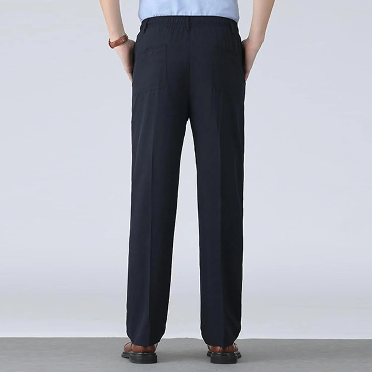 Men's Classic-Fit Wrinkle-Resistant Pleated Chino Pant Fashion Leisure Solid Color Straight Elastic Waist Trousers