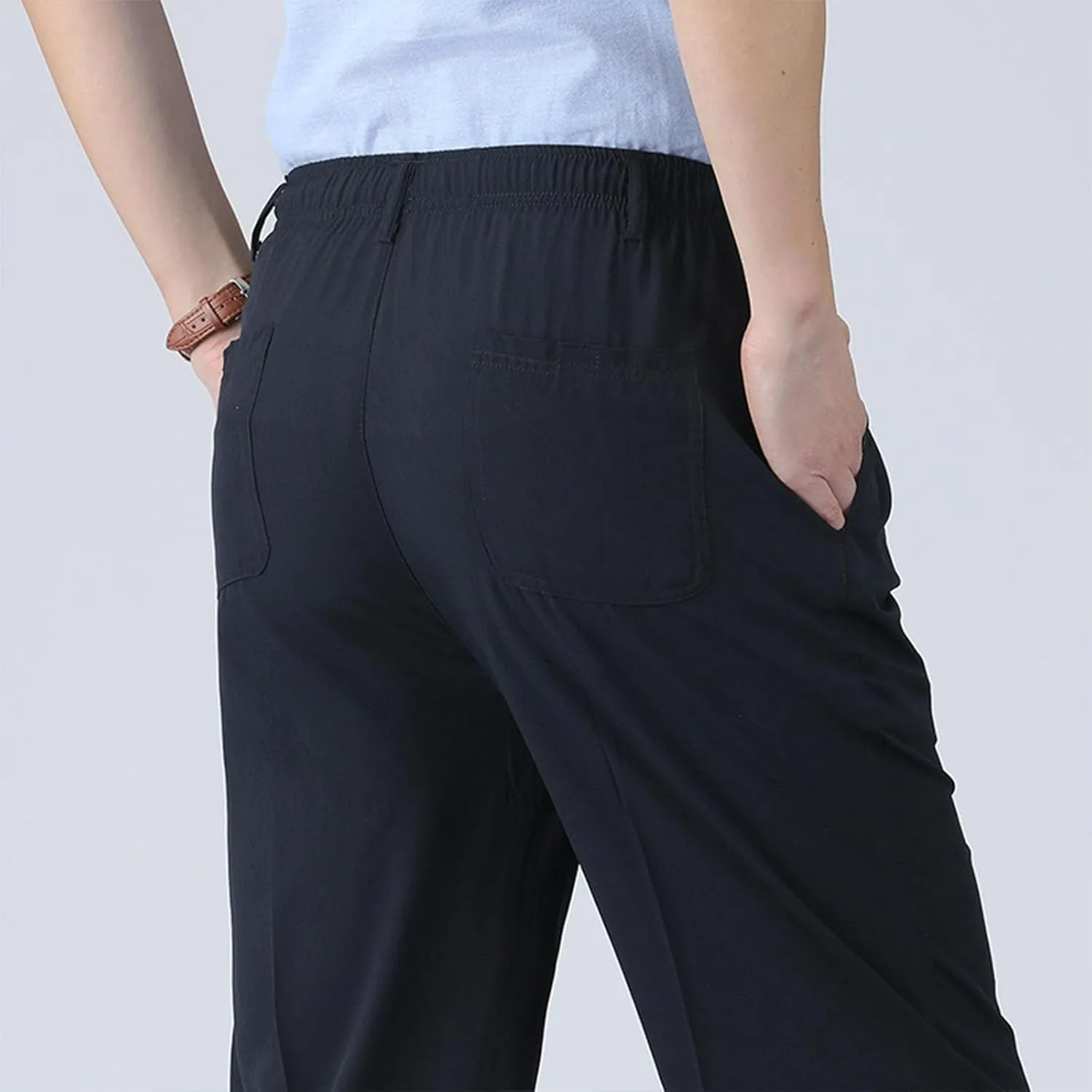 Men's Classic-Fit Wrinkle-Resistant Pleated Chino Pant Fashion Leisure Solid Color Straight Elastic Waist Trousers