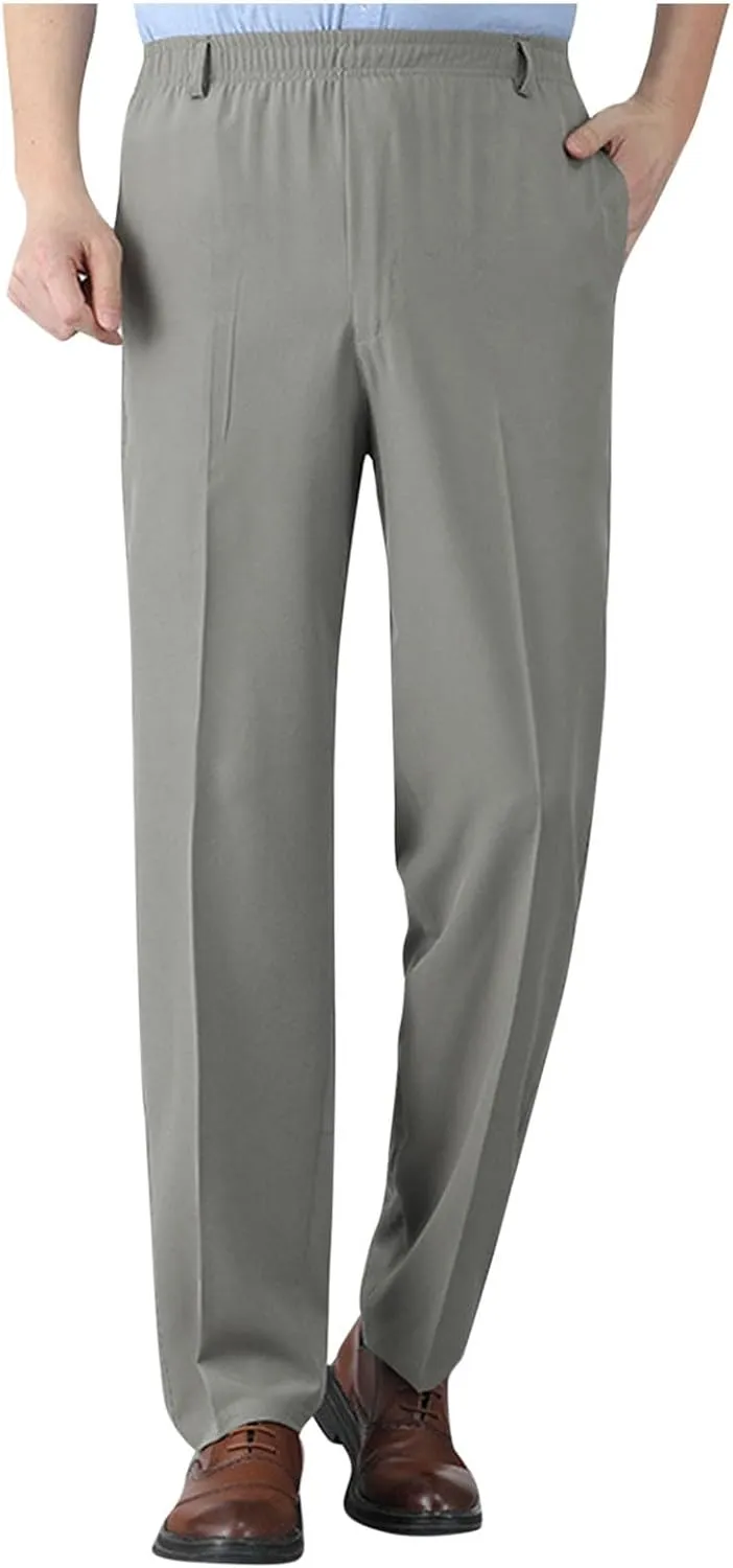 Men's Classic-Fit Wrinkle-Resistant Pleated Chino Pant Fashion Leisure Solid Color Straight Elastic Waist Trousers
