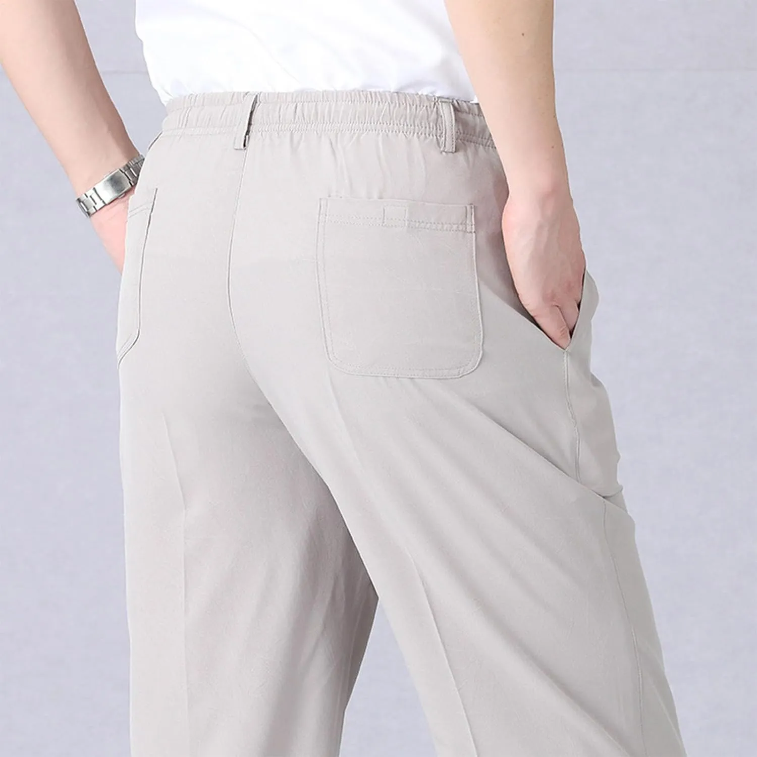 Men's Classic-Fit Wrinkle-Resistant Pleated Chino Pant Fashion Leisure Solid Color Straight Elastic Waist Trousers