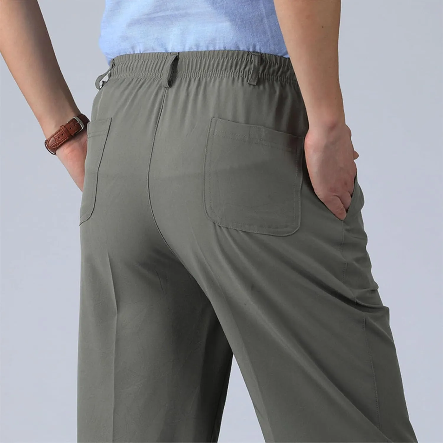 Men's Classic-Fit Wrinkle-Resistant Pleated Chino Pant Fashion Leisure Solid Color Straight Elastic Waist Trousers
