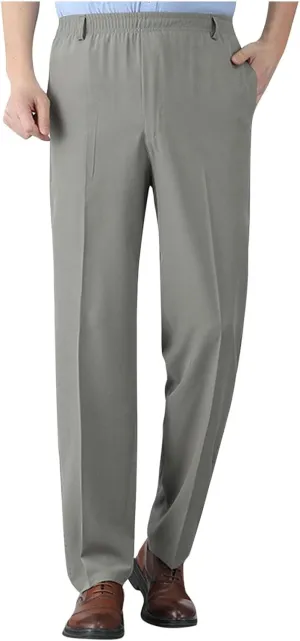 Men's Classic-Fit Wrinkle-Resistant Pleated Chino Pant Fashion Leisure Solid Color Straight Elastic Waist Trousers