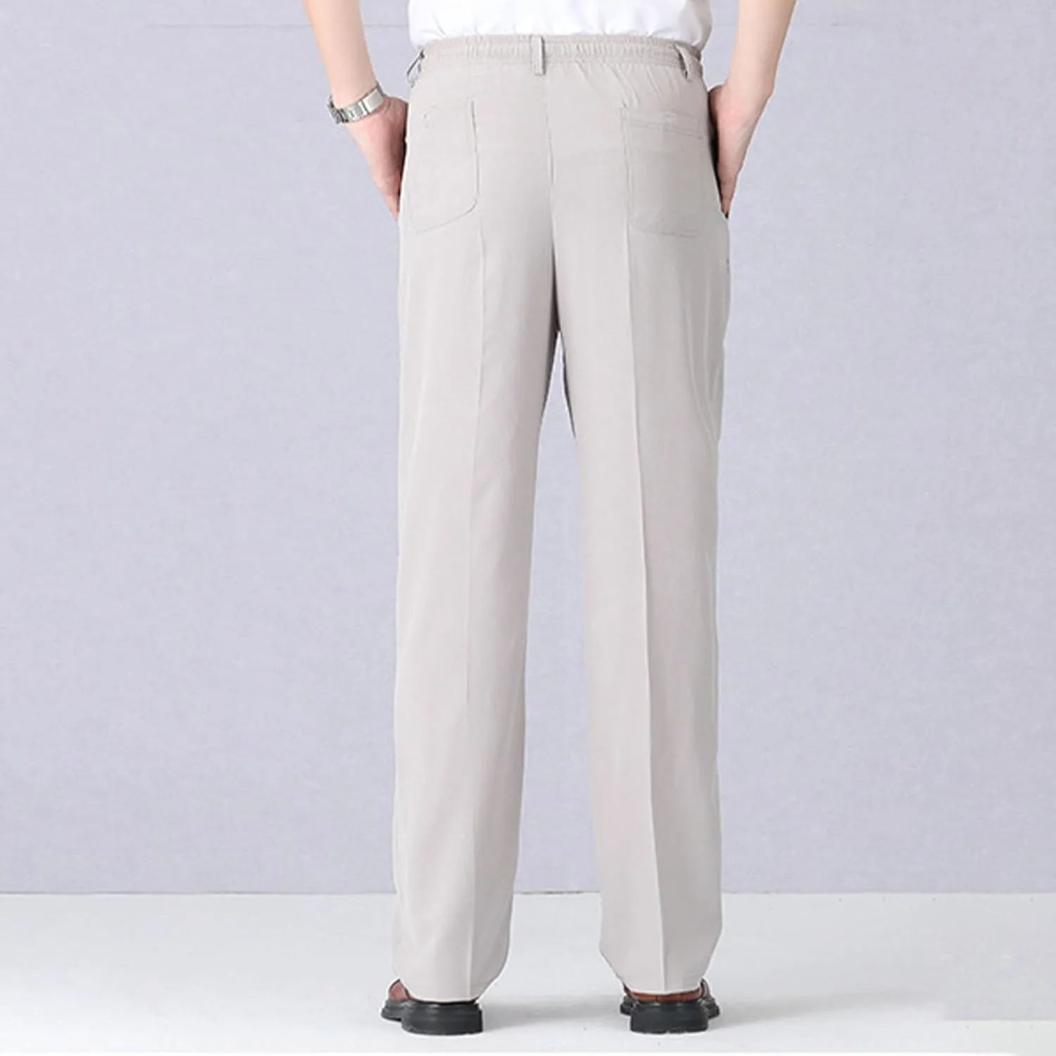 Men's Classic-Fit Wrinkle-Resistant Pleated Chino Pant Fashion Leisure Solid Color Straight Elastic Waist Trousers