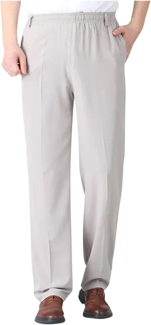 Men's Classic-Fit Wrinkle-Resistant Pleated Chino Pant Fashion Leisure Solid Color Straight Elastic Waist Trousers