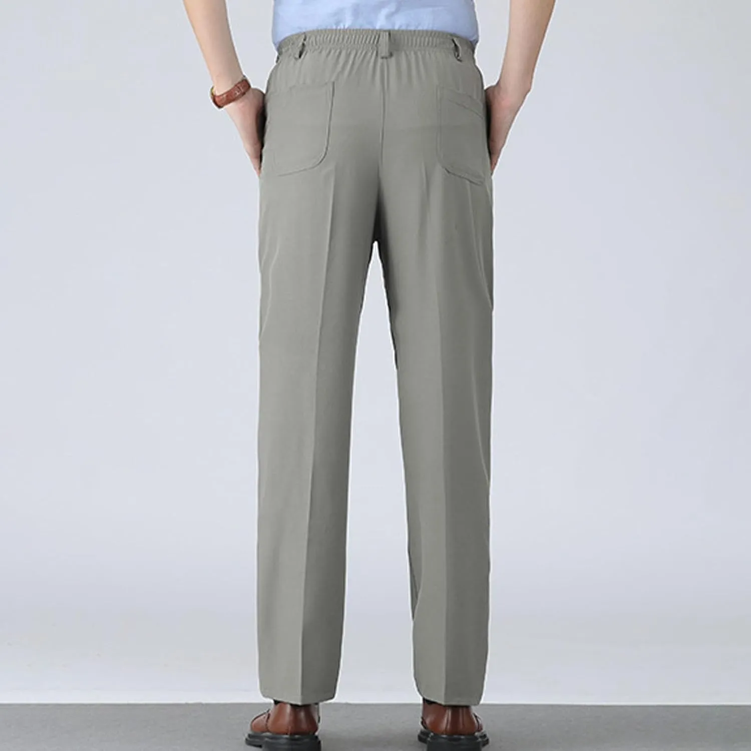 Men's Classic-Fit Wrinkle-Resistant Pleated Chino Pant Fashion Leisure Solid Color Straight Elastic Waist Trousers