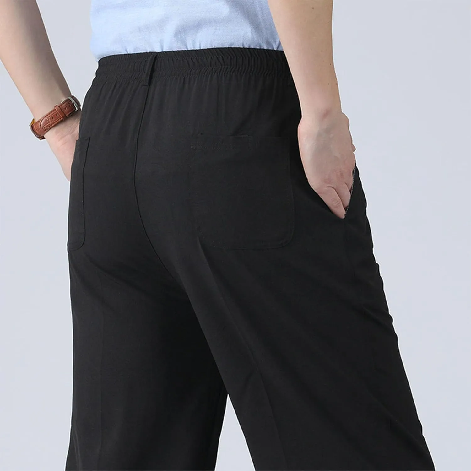 Men's Classic-Fit Wrinkle-Resistant Pleated Chino Pant Fashion Leisure Solid Color Straight Elastic Waist Trousers