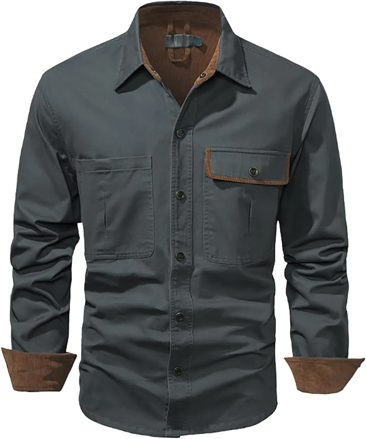 Men's Cotton Flannel Shirt Casual Button Up Plaid Shirt Brushed Soft Outdoor Shirts with Corduroy Contrast