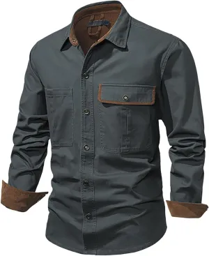 Men's Cotton Flannel Shirt Casual Button Up Plaid Shirt Brushed Soft Outdoor Shirts with Corduroy Contrast