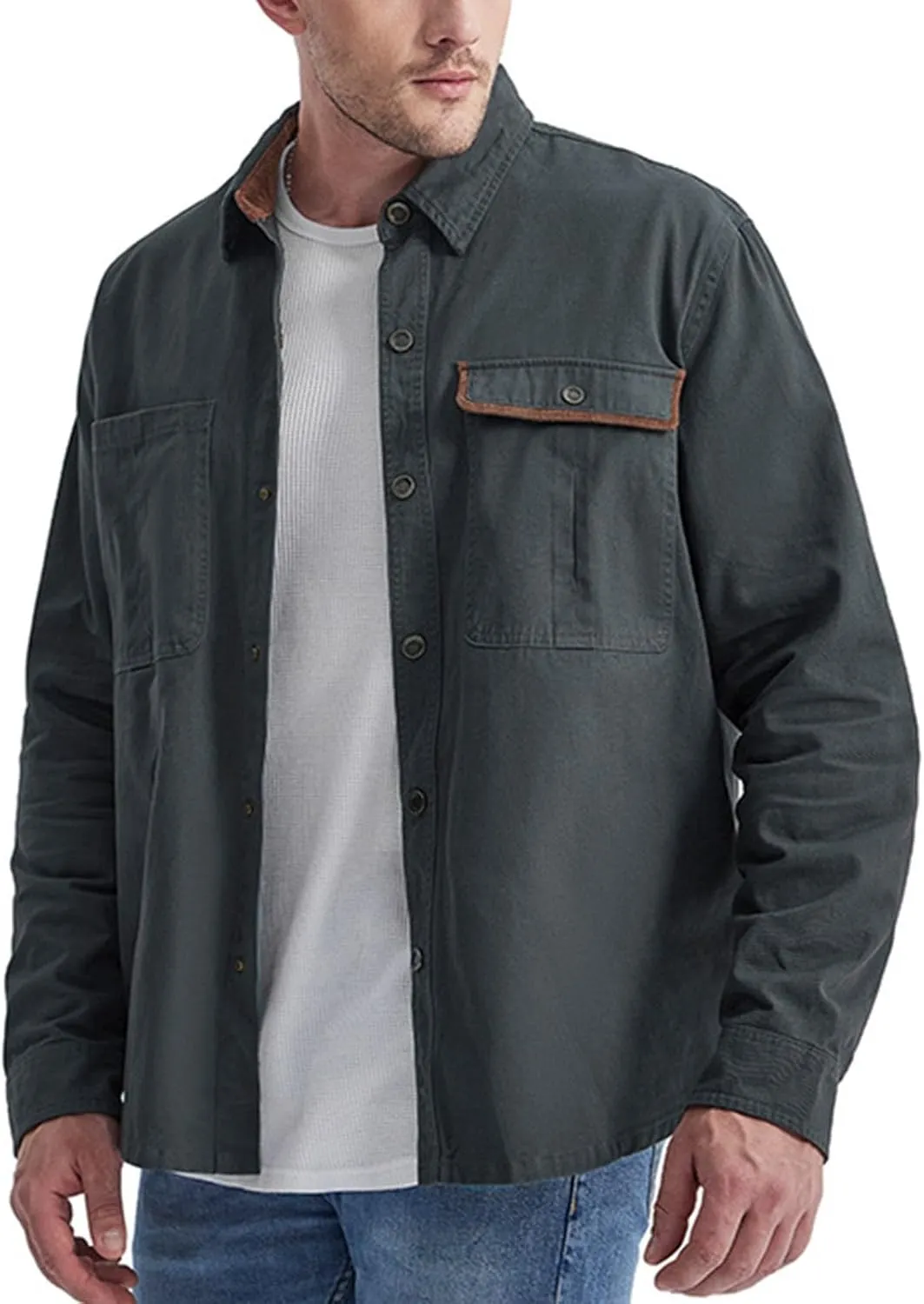 Men's Cotton Flannel Shirt Casual Button Up Plaid Shirt Brushed Soft Outdoor Shirts with Corduroy Contrast