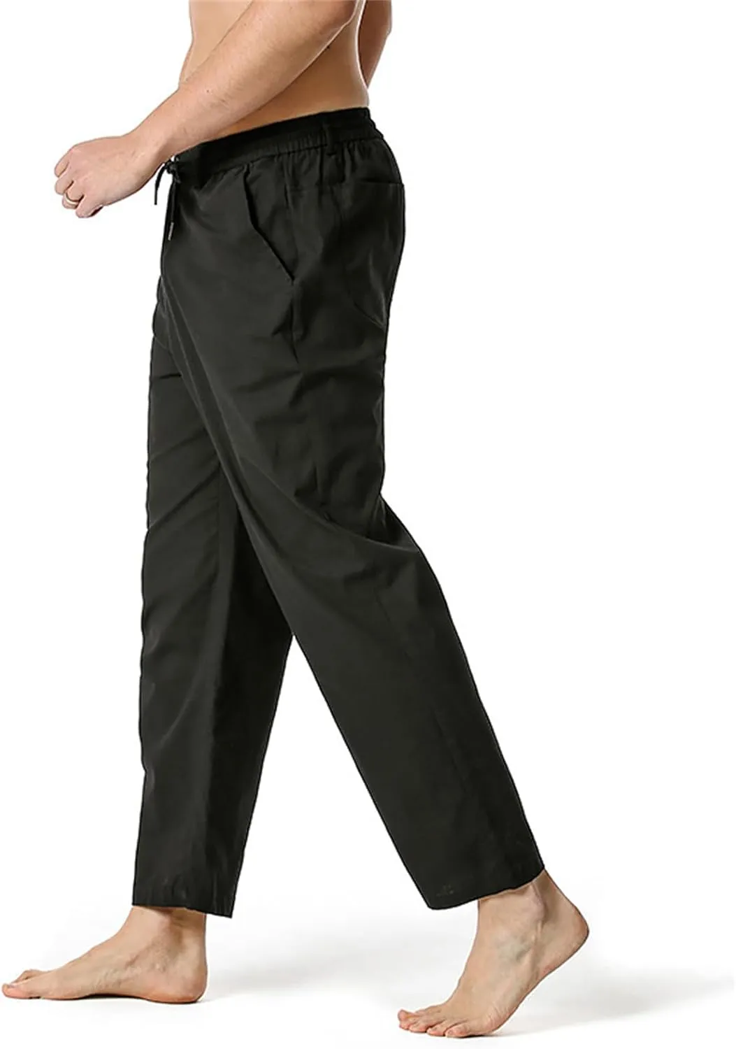 Mens Cotton Linen Drawstring Pants Elastic Waist Casual Classic Fit Soild Sweatpants Outdoor Jogger Golf Trousers
