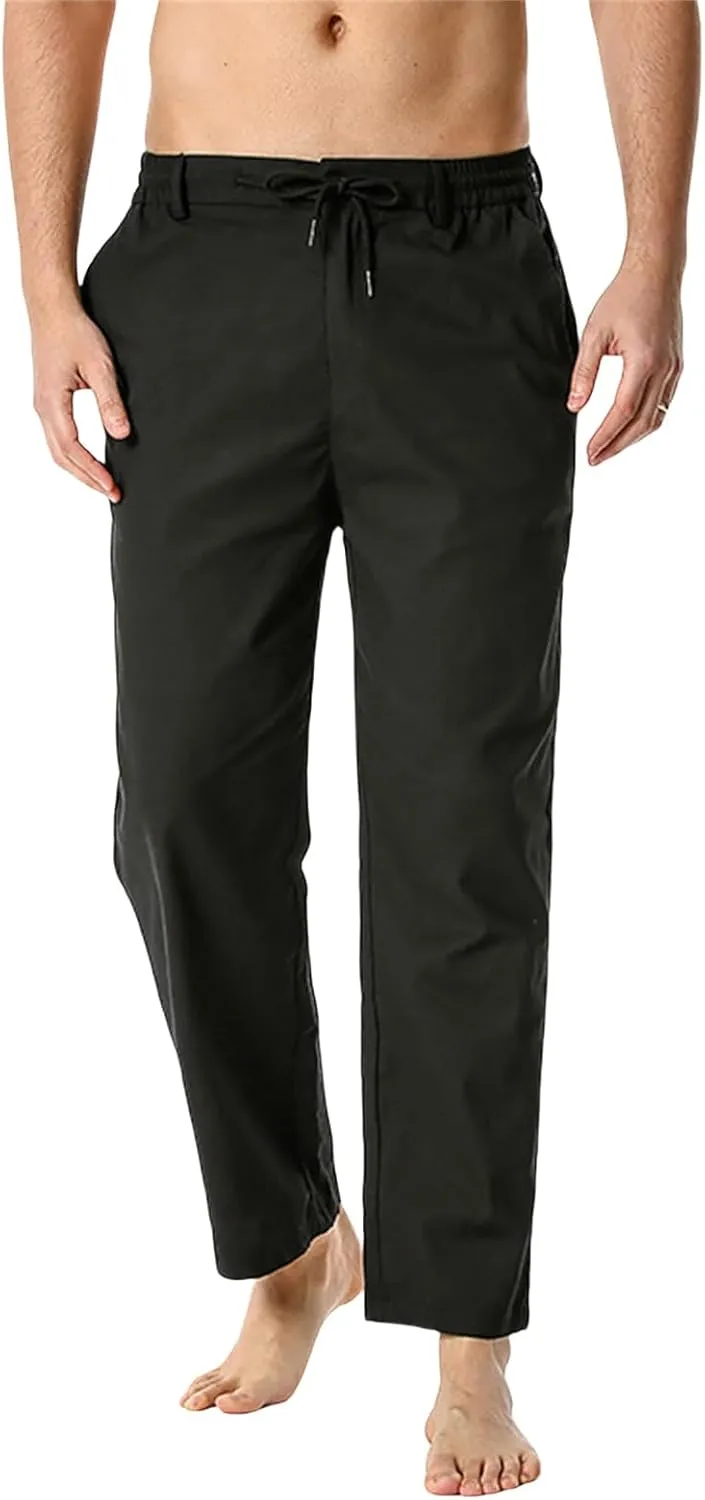 Mens Cotton Linen Drawstring Pants Elastic Waist Casual Classic Fit Soild Sweatpants Outdoor Jogger Golf Trousers