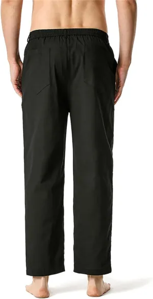 Mens Cotton Linen Drawstring Pants Elastic Waist Casual Classic Fit Soild Sweatpants Outdoor Jogger Golf Trousers