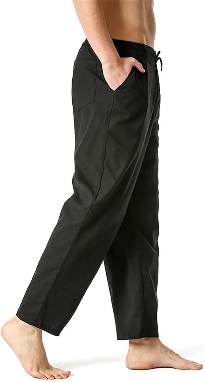 Mens Cotton Linen Drawstring Pants Elastic Waist Casual Classic Fit Soild Sweatpants Outdoor Jogger Golf Trousers